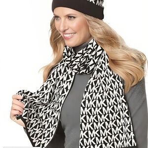 Michael Kors Women's Black & White Repeated MK Logo Knit Scarf